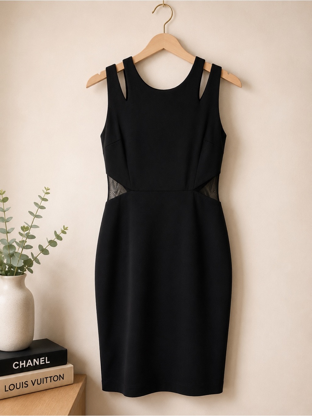 bebe Black Midi Sheath Dress with Mesh Side Panels